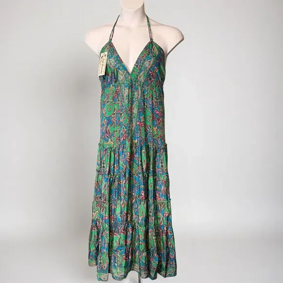 Just Cruising Boho Paisley Halter Maxi Dress Green Pink Tiered Festival One Size - Picture 2 of 6